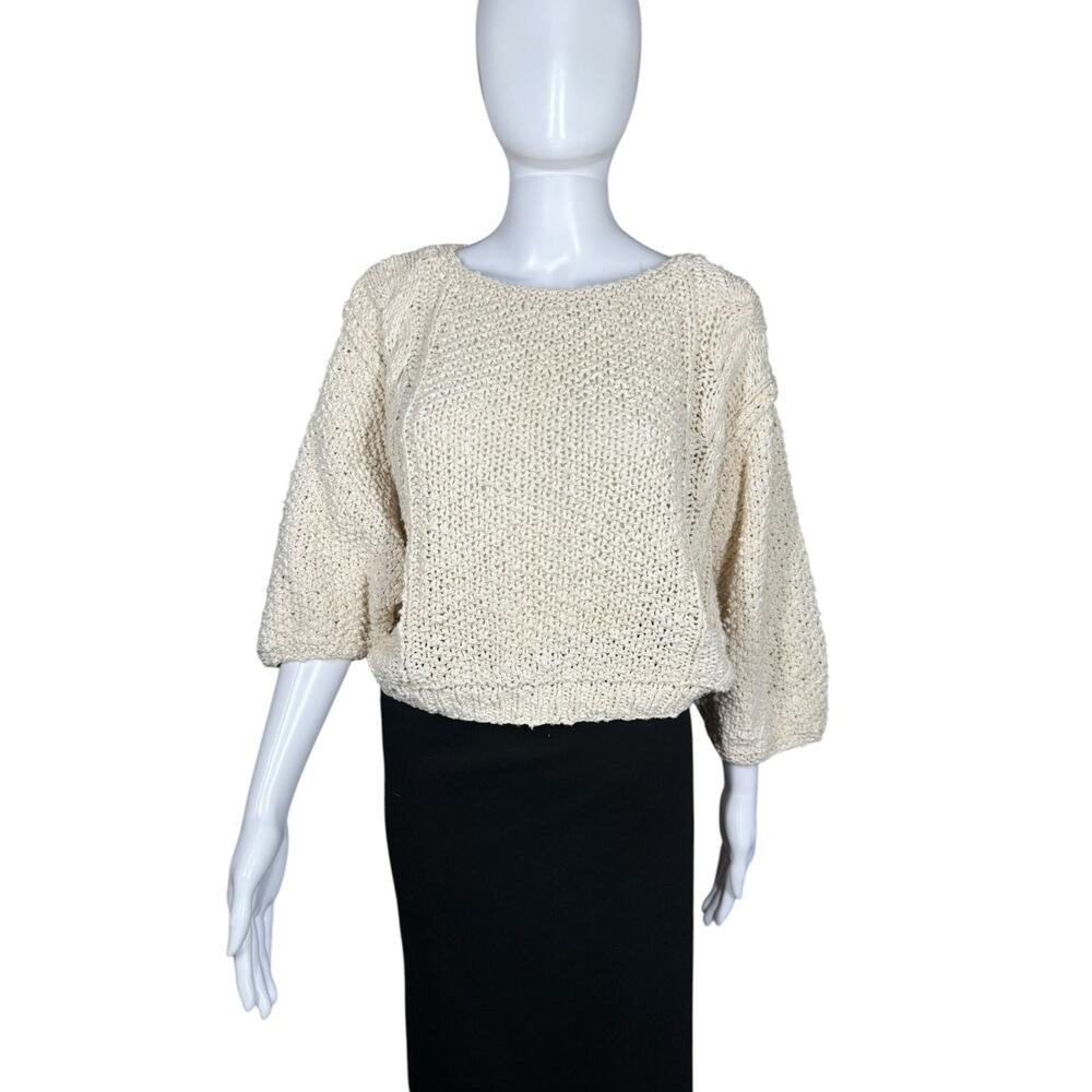 Liz Claiborne Vintage Silk Cotton Chunky Loose Knit Cream Crop Sweater Medium - Picture 9 of 11